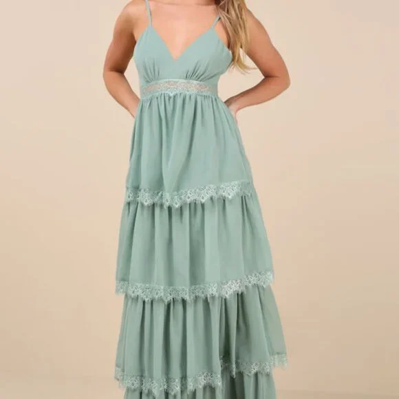 Lulus | Dresses | Lulus Reed Sage Tiered Lace Maxi Dress Green Size Xl |  Poshmark